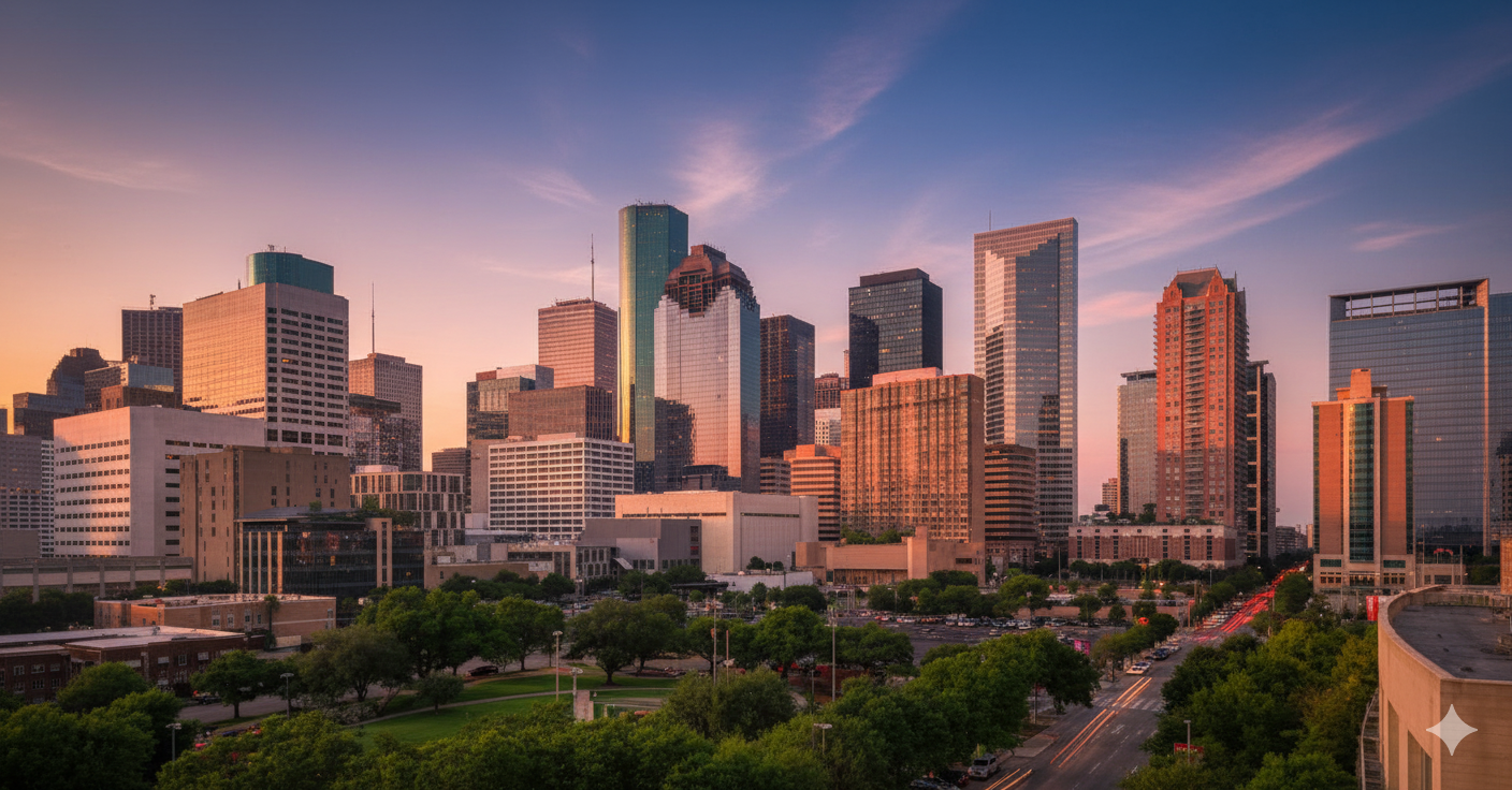 Houston skyline at dusk representing HR consulting services