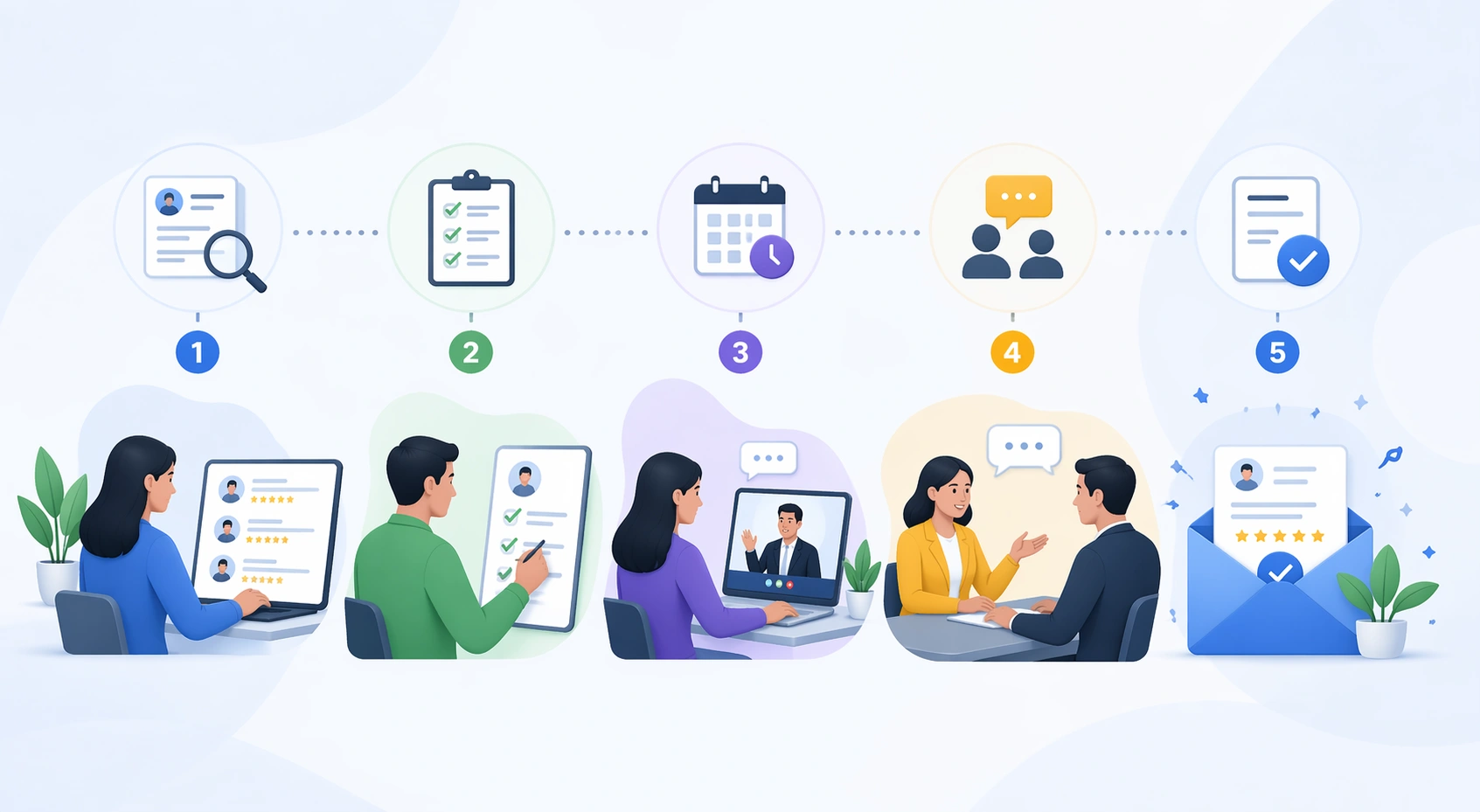 Structured interview process workflow with hiring stages from screening to offer