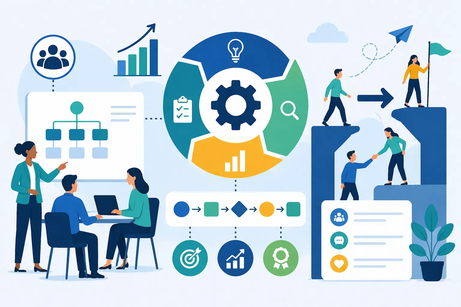 Organizational development consultant mapping workflows, roles, decision rights, and change management priorities